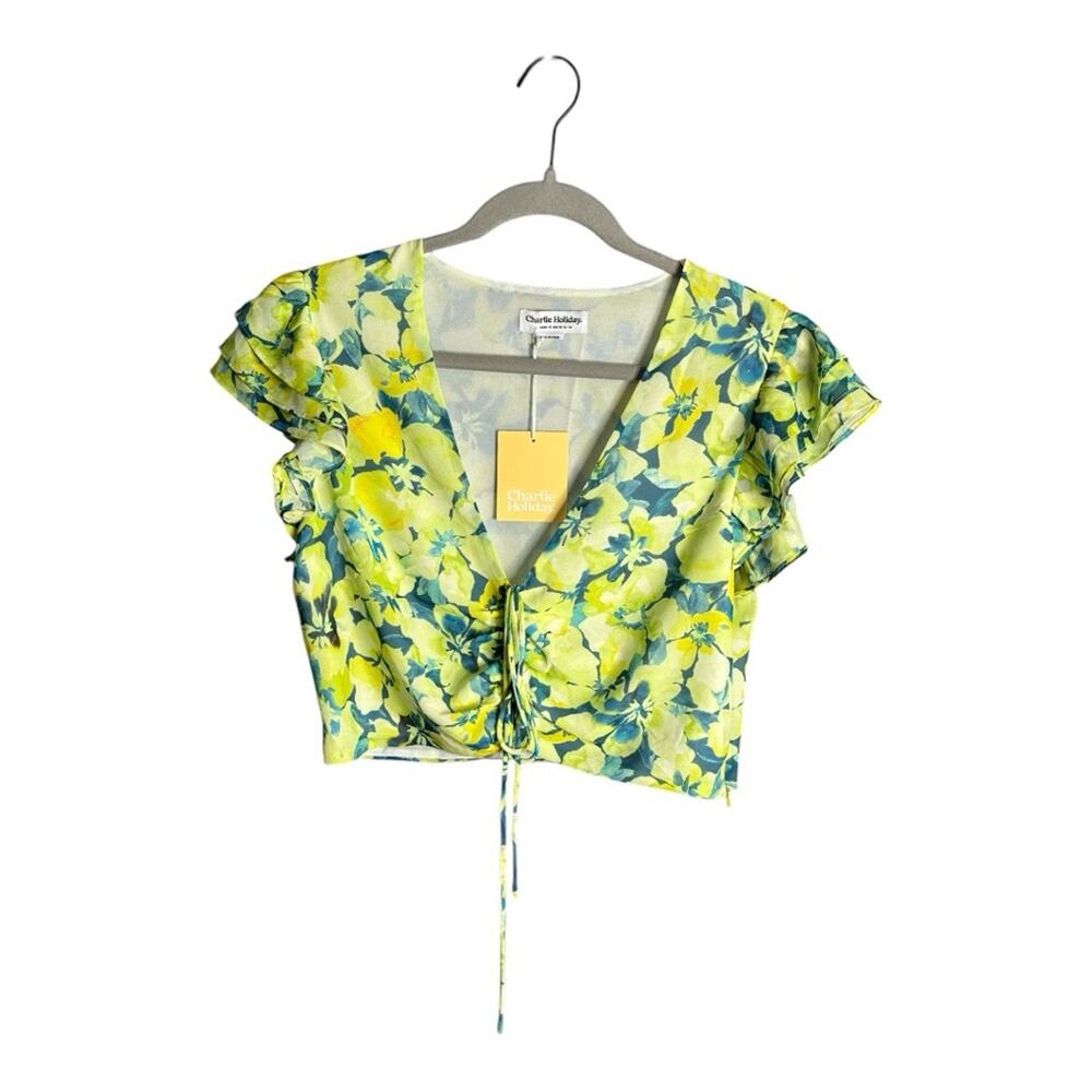 Charlie Holiday Yellow Blue Floral Short Ruffle Sleeve Cinched Blouse 10